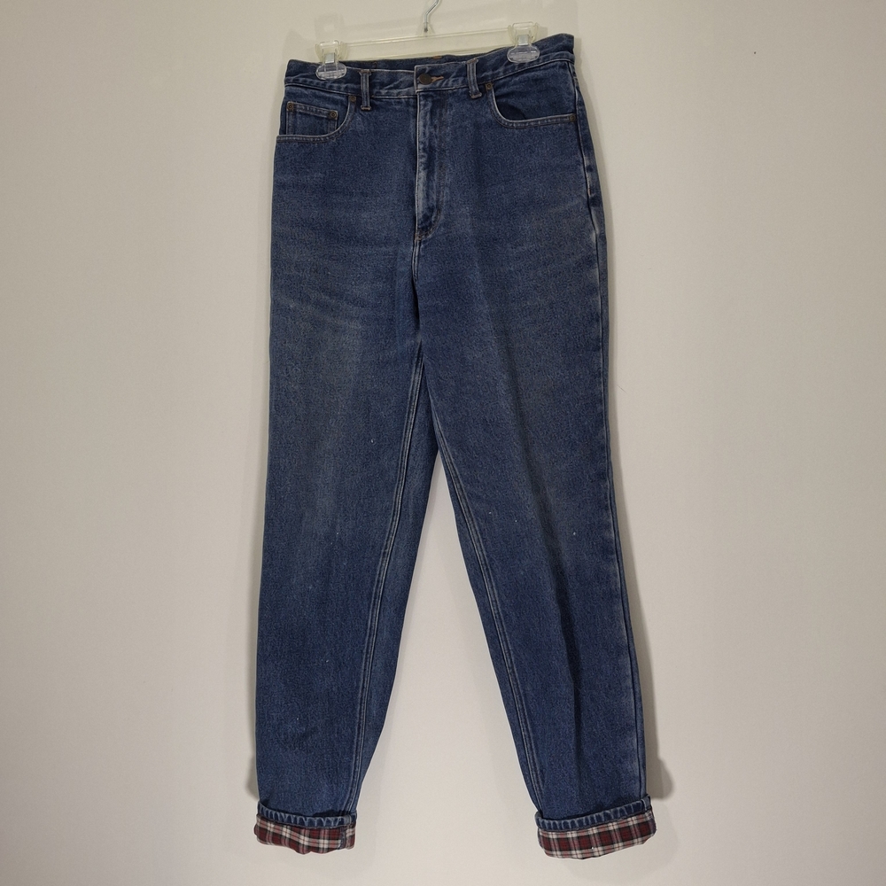 Eddie Bauer Blue Denim Jeans with Red Plaid Accents,  Size 12